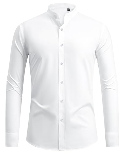 siliteelon Hemd Herren Weiß Bügelfrei Regular fit Oberhemd Stretch Herren Hemden ohne Kragen Weiss Businesshemd Anzug Hemd Männer Brautpaar Trauzeuge Bräutigam Interview