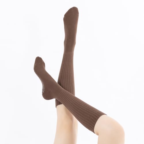 Image of Verdancy Yoga Pilates Socks with Grips for Women Ribbed Knee Highs Non Slip Cushioned Over the Calf Socks for Barre Ballet