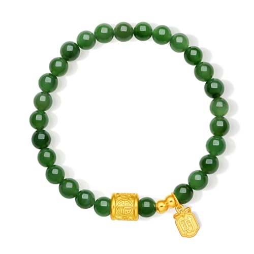24K Gold Green Jade Beaded Bracelets Blessing Charm Bracelet Real Gold Lucky Plate Healing Hetian Nephrite Stretch Bracelet for Women Mom Mother Birthday 6.7"/17cm Y19136593