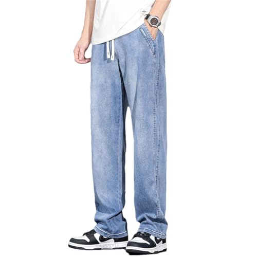 Men Summer Thin Fabric Retro Jeans Straight Denim Pants Elastic Waist Trousers Light Blue 4XL