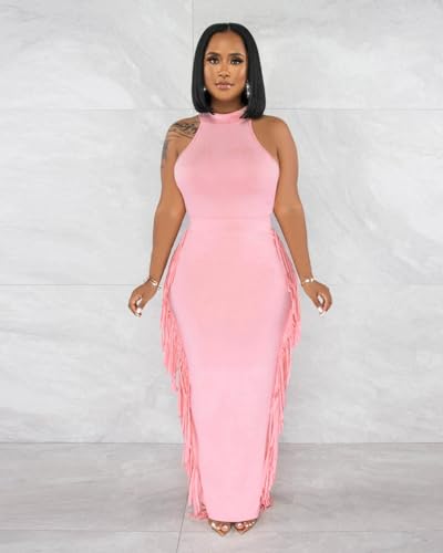 Image of 2 Piece Outfits for Women Sexy Halter Neck Sleeveless Crop Tops Ruched Bodycon Dresses Jumpsuits Fringe Skirt Sets