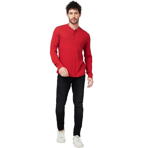 Image of Spykar Henley Neck Full Sleeve Orange Solid T-Shirt for Men