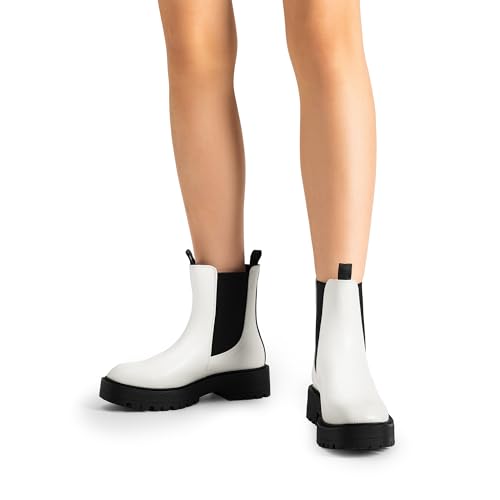 DREAM PAIRS Women's Chelsea Ankle Boots Square Toe Fashion Low Heel Lug Sole Platform Fall Booties Shoes,Size 5.5,White-Pu,SDAB2412W
