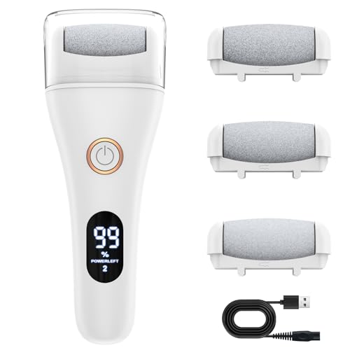Hornhautentferner Elektrisch Einstellbare Geschwindigkeit, AOMEES Elektrischer Hornhautentferner mit 3 Wechselrollen, IPX7Wasserdicht, LED-Licht & Anzeig, Fußpflege Pediküre Set für Hornhautentfernung