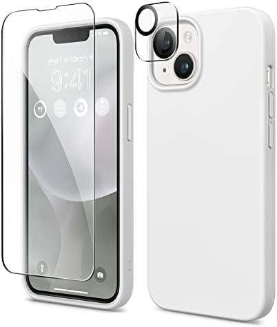 GONEZ for iPhone 14 Case Silicone, with Screen Protector + Camera Lens Protector, [Soft Anti-Scratch Microfiber Lining], Slim Liquid Silicone Shockproof Protective Phone Cover 6.1 inch, White