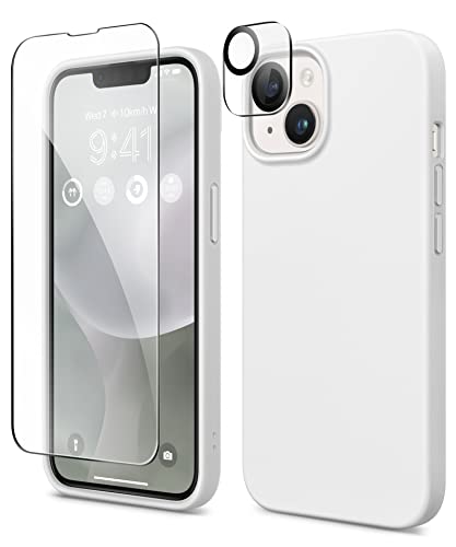 Gonez For Iphone 14 Case Silicone, With Screen Protector + Camera Lens Protector, [Soft Anti-Scratch Microfiber Lining], Slim Liquid Silicone Shockproof Protective Phone Cover 6.1 Inch, White #TOP14