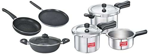 Image of Prestige Svachh Aluminium 2+3+5 Litre Combo cooker with Induction Base + Prestige Omega Deluxe Granite 3 Pcs with 1 Glass Lid