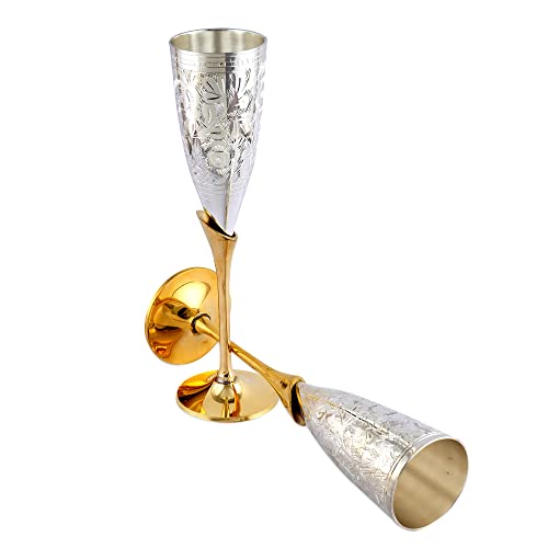 The Antiq: Brass Champagne Glasses, Silver Plated Toasting Flutes, Wine Glasses Goblets For Wedding Christmas, Hand Engraved Brass Goblet Set Of 2 (Silver Polished) #TOP26