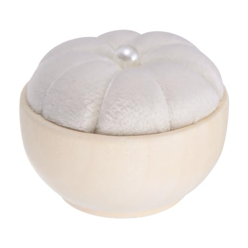 QUARKZMAN Nadelkissen mit Holzsockel für Stecknadeln - Niedliches kleines Nadelkissen mit vertikaler Holzschale für Nähen, Quilten, Handarbeiten und DIY-Bastelprojekte, Creme