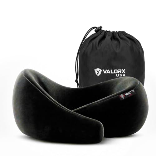 Image of Premium Memory Foam Neck Pillow by ValorX USA for Travelling 360 Neck Support with Adjustable Velcro Straps & Ultra-Soft Velvet Cover, Black