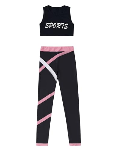 easyforever Kid Girls Crop Tops Racerback Tank Top And Gymnastics Leggings 2 Piece Dance Sports Clothes Set Black&Pink 14 Years3