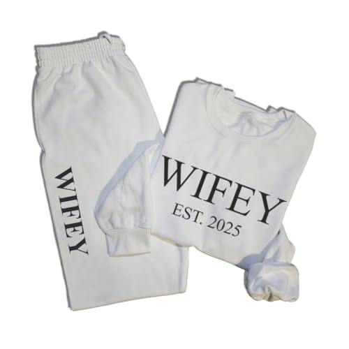 Havenoro WIFEY HUBBY Matching Set - Cozy Couples Loungewear, Embossed Sweatshirt & Joggers - Perfect for Honeymoon2