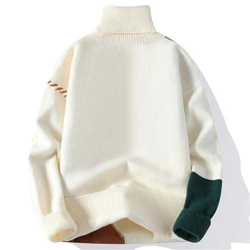 Men's Winter Knit Turtleneck Sweater Fashion Patchwork Knitted Casual Warm Streetwear Pullover3