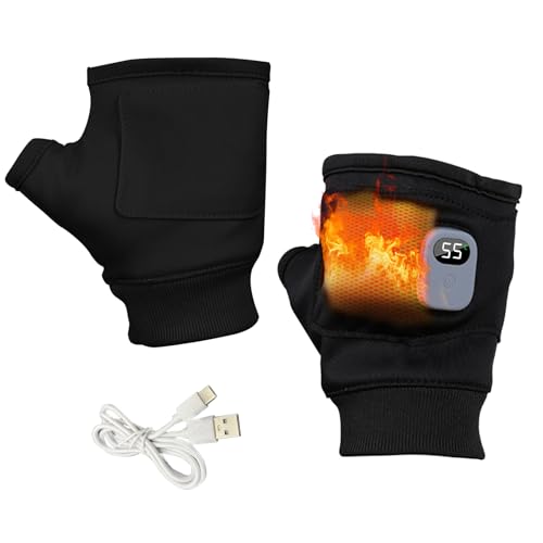 Heated Gloves Fingerles, Heated Work Gloves Electric Gloves for Women Man 360° Heated Touch Screen Three Adjustable Levels Rechargeable Gloves for Winter Indoor Outdoor (Black)