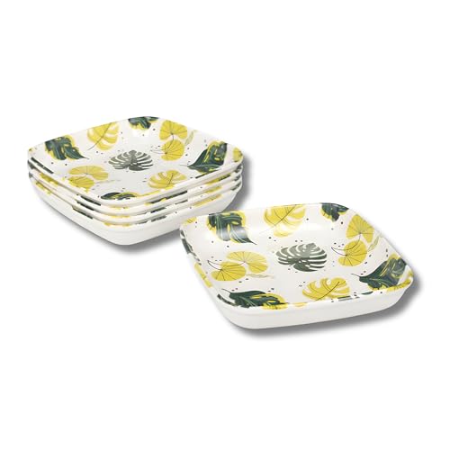 Image of SNKM - Melamine Quarter Snacks Plates | Leaf Printed Design | Set of 4 | Square | Unbreakable | Lightweight | for Snacks, Breakfast, Mughlai Lunch or Dinning | Yellow Colour - Set of 4