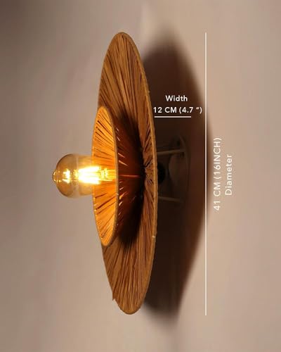 Image of Export India Round Raffia Wall Sconce Light | Bamboo Wall Lamps | Cane and Rattan Raffia Wall Lamp | Light for Home, Restaurants, Offices, Bedroom || Dia 16 inch
