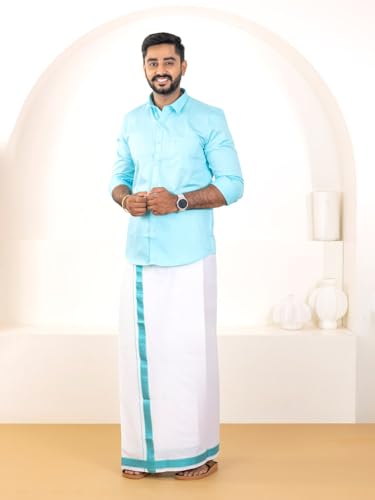 Image of RAMRAJ COTTON Men Premium Cotton Full Sleeves Shirt and Fancy Border Dhoti Set Luxe Set