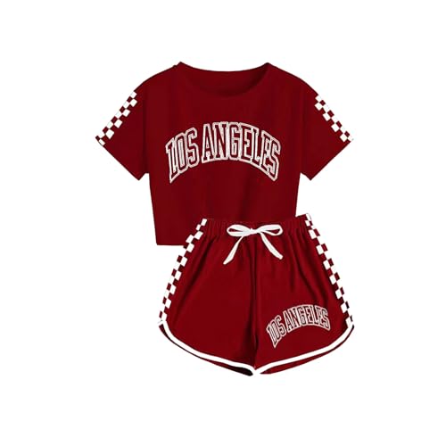 Guqmjde Mädchen Tshirt mit Shorts Set Sommer Bekleidungssets Sport Zweiteiler Mode Trainingsanzug Kinder Anzug Kurzarm Tops und Sporthose 2 Teiler Outfit Wein,10 Jahre