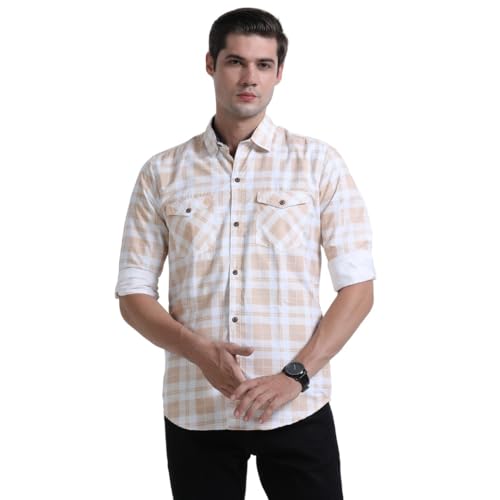 Image of Rocket Science Men's Cotton Blend Slim Fit Double Pocket Checked Casual Shirt.
