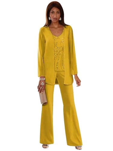 3 Pieces Chiffon Mother of The Bride Pant Suits for Wedding Sequin Wedding Guest Outfit for Women with Jacket