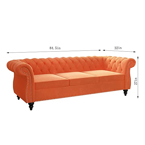 Image of QHITTY Accent Large Sofa, Chesterfield Couch 3 Seater Modern Velvet Couch Upholstered Sofa with Tufted Back for Living Room Furniture (Orange)