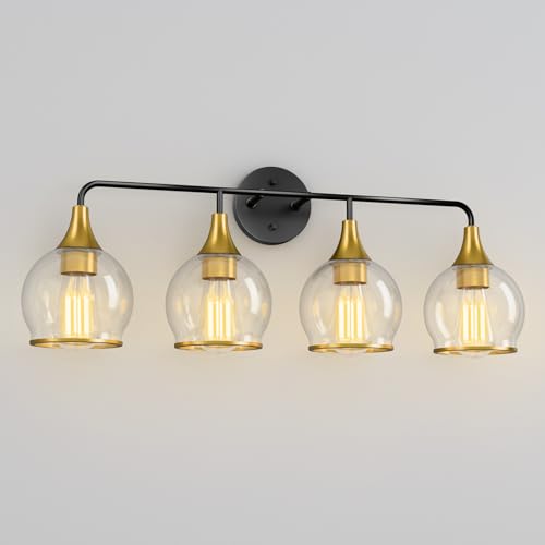 Image of 4-Light Bathroom Light Fixtures, Black Gold Modern Vanity Lights with Clear Glass Shade, Bathroom Wall Lamp for Mirror Living Room Hallway Cabinet Porch, ETL Listed