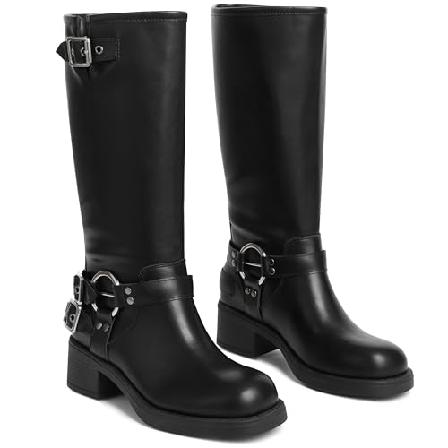 Image of AMINUGAL Knee High Boots Women Square Toe Pull On Wide Calf Riding Fashion Buckles Chunky Metallic Casual Vintage Buckle Rivet