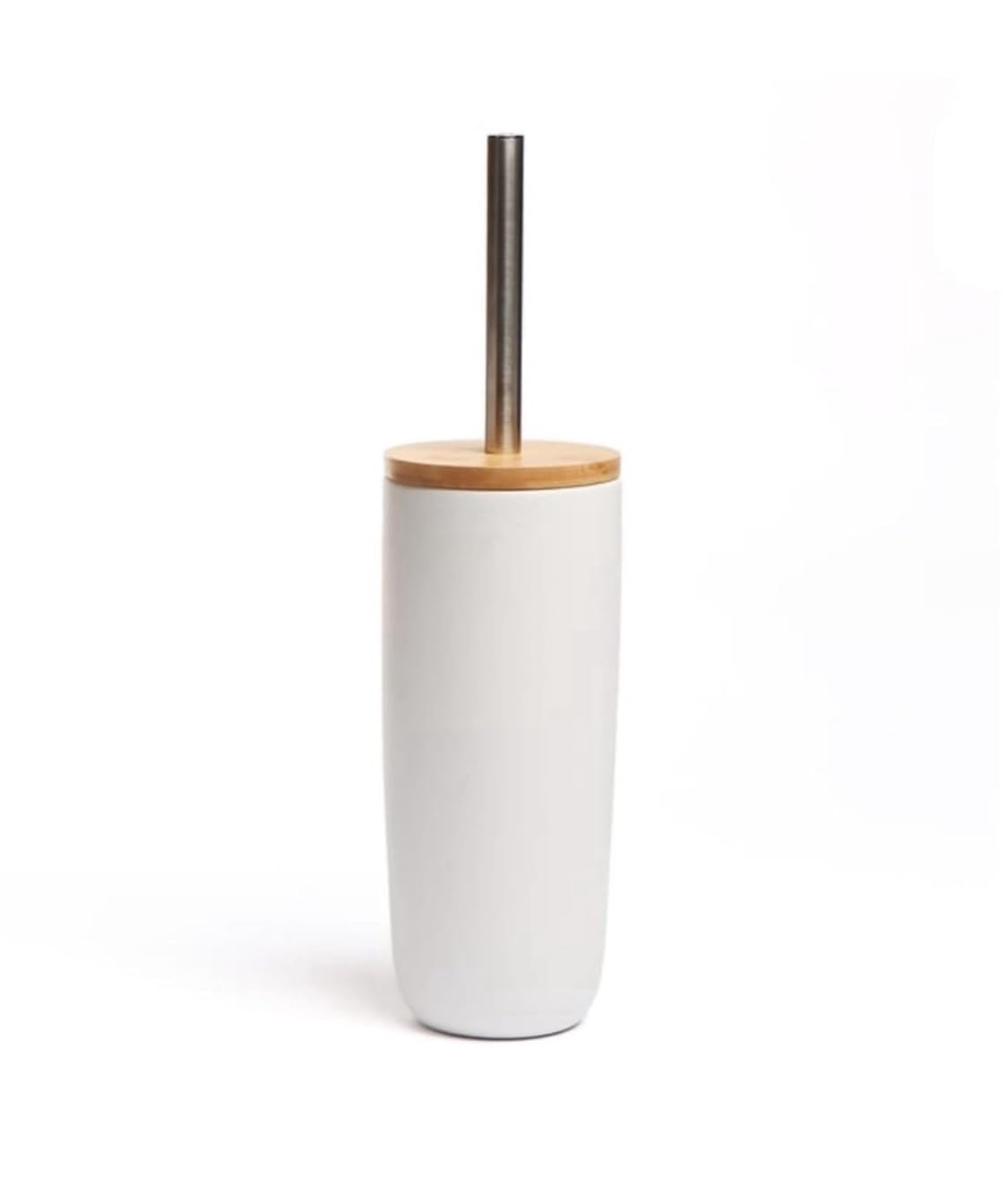 New||Modern Bathroom Toilet Brush Holder Set, White with Bamboo Lid,||Stainless Steel Handle, 22cm Height, Minimalist Design||