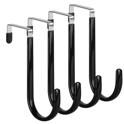 MOXYOY 4 Packs Black Over The Door Hooks,Sturdy Stainless Steel Overdoor Hangers with Anti-Scratch Surface,4.5cm Coat Hooks for Clothes,Towels,Christmas Wreaths, Socks, Gift Bags, Front, Behind Door