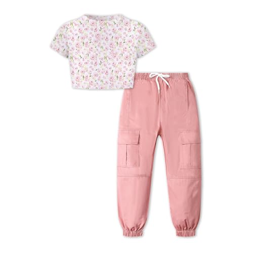 Image of Betusline 2 Piece Clothes Set for Girls, Short Sleeve Crop Tops and Pink Cargo Jogger Pants Outfits, 9-10 Years = Tag 150