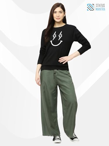 Image of STATUS MANTRA Women's Cotton Round Neck Regular Fit Sweatshirt | Full Sleeves and Smile Printed | Comfort Colour T-Shirt | Available in Multicolor & Size Small to 2XL