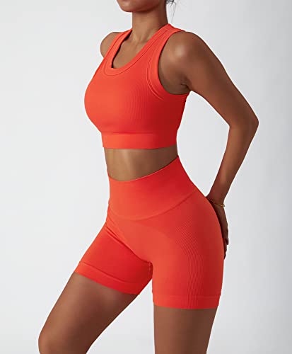 Image of Workout Sets for Women 2 Piece Seamless Ribbed Tank Top Sport Bra High Waist Biker Shorts GYM Yoga Exercise Outfits