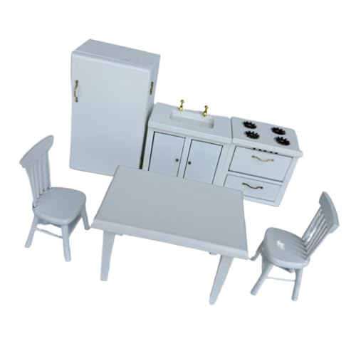 Qsvbeeqj 1/12 casas de muñecas de madera juego de mesa de comedor con silla lavabo estufa armario accesorios para manualidades modelo proyecto escena decoración de madera Dollhouses juego de cocina