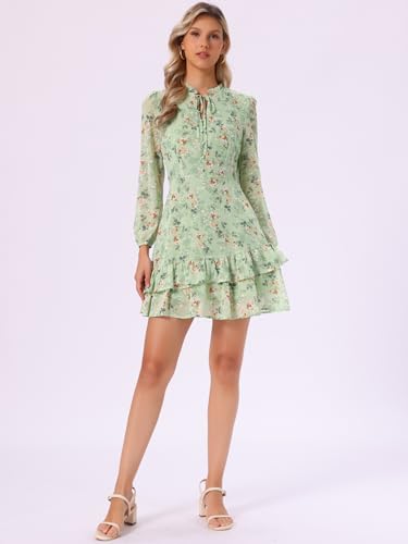 Image of Allegra K Women's Spring Dresses 2026 Tie V Neck Semi Sheer Long Sleeve Layered Tiered Chiffon Mini Floral Dress