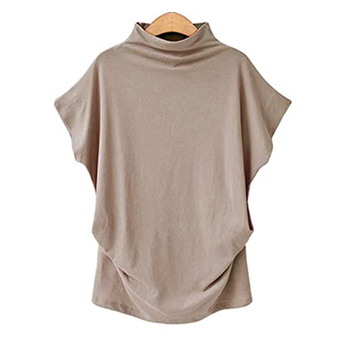 Camiseta De Manga Corta Holgada De AlgodóN Y PoliéSter De Color SóLido con Cuello Alto Y Manga De...