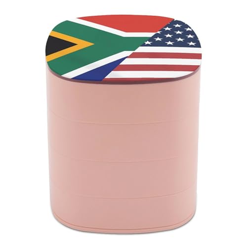 U.S. South Africa Flag Small Rotating Jewelry Storage Case 4-Layer Jewelry Tray Organizer Box with Lid