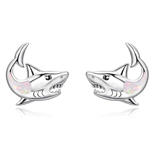 Dreamboat Opal Shark Stud Earrings for Women 925 Sterling Silver Hypoallergenic Ocean Animal Fish Jewelry Christmas Birthday Gifts for Shark Lovers