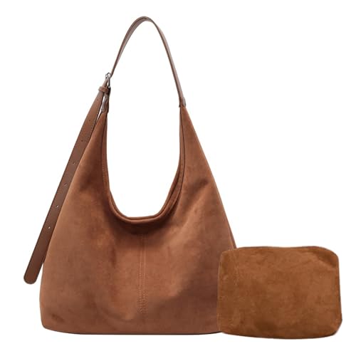 Generisch Wildleder Tasche Damen-shopper Suede Hobo Slouchy Vintage Leather Tote Bag Handtasche uni Satchel for Work Travel (Braun)