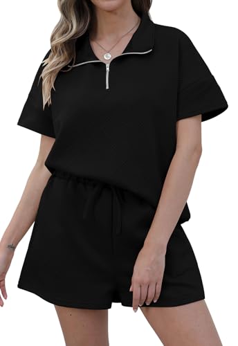 YUNDAI 2 Piece Sets for Women Causal Summer Short Sleeve Half Zip Top and Lounge Drawstring Shorts Outfits with Pockets