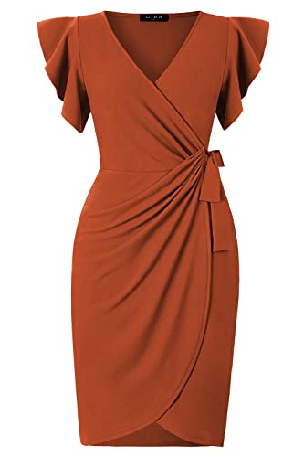 Image of oten Womens Deep V Neck Ruffle Sleeve Sheath Casual Cocktail Party Work Faux Wrap Dress