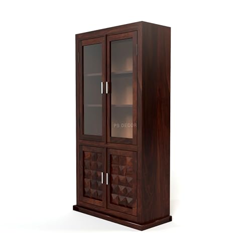 Image of Solid Sheesham Wood Book Shelf with Acrylic Glass Doors and Storage Cabinet | Rosewood Display Unit with 4 Doors for Living Room & Office (Walnut Finish)