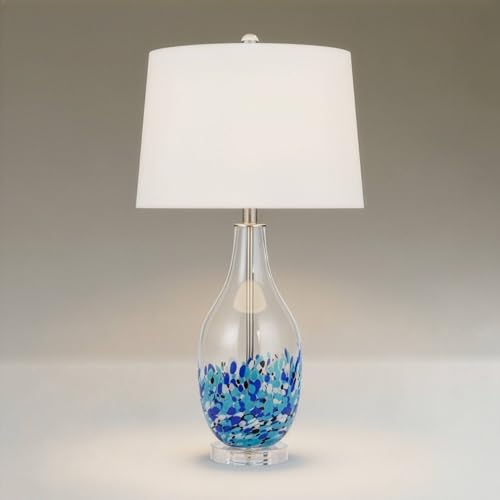 360 Lighting Marnie Modern Coastal Vase Table Lamp 28" Tall Blue Art Glass White Fabric Tapered Drum Shade Decor for Living Room Bedroom Beach House Bedside Nightstand Home Office Family