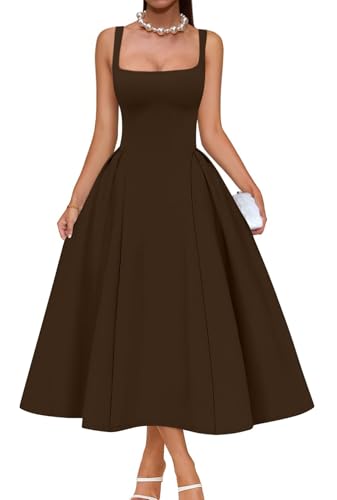 Memoriesea Women's Elegant Square Neck Swing A Line Wedding Evening Party Midi Dress Brown