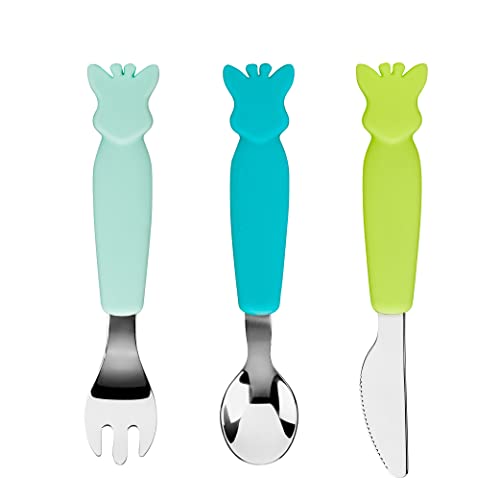 Sophie la Jirafa - Juego de 3 cubiertos (tenedor, cuchillo tenedor y cuchara de silicona, forma de jirafa en las mangas, aprendiendo a comer como un gran
