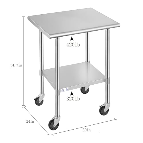 Image of ROCKPOINT Stainless Steel Table for Prep & Work with Caster Wheels 24x30 Inches, NSF Metal Commercial Kitchen Heavy Duty Table with Adjustable Under Shelf and Table Foot for Restaurant, Home and Hotel