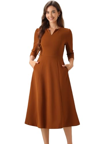 Image of Allegra K Womens 3 /4 Sleeve A-Line Business Work Formal Midi Dress | Elegant Dresses with Pockets, V Neck, Cockatail Party Church Funeral Outfits, Spring Fall Winter