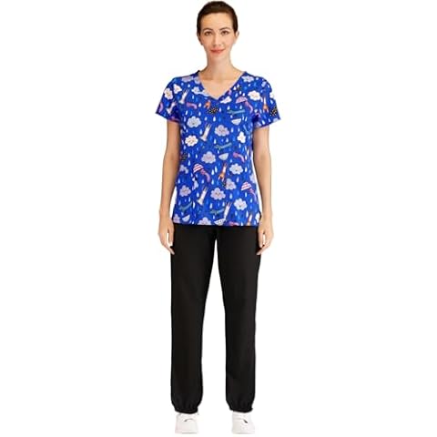 Minty Mint Women's 4 Way Stretch Fast Dry Lightweight Printed Medical Scrub Set V-Neck Top and Jogger Pants Pediatric Dentist Medical EMT Veterinary Blue L Cover