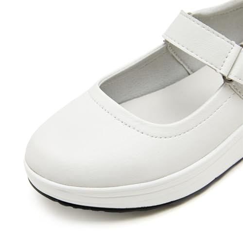EnllerviiD Women Mary Jane Shoes Buckle Air-Cushion Casual Chunky Heel Round Toe Uniform Dress Platform Wedge Shoes Comfort Pumps Walking Shoes All-White403