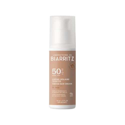 Laboratoires de Biarritz - Crema solar facial teñida - Beige - Certificado ecológico LSF50 - Hidratado, mate, proporciona un brillo saludable - 50 ml - Fabricado en Francia