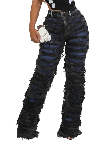 Women's Baggy Ripped Jeans High Waisted Straight Leg Distressed Cut Out Stacked Tassels Stretch Denim Pants